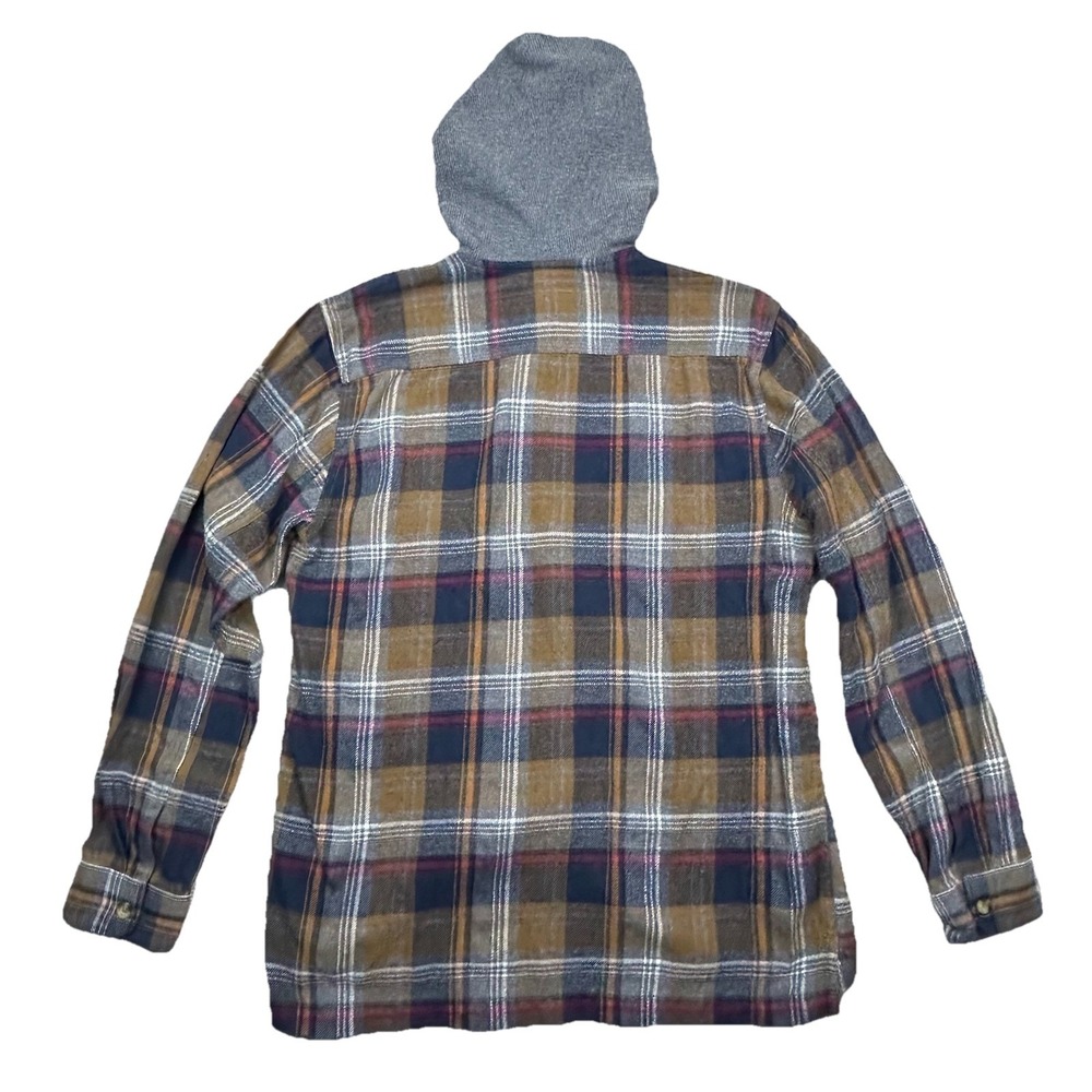 Billabong Baja Flannel Hoodie Shacket L Plaid Core Fit Stretch Brown Blue Red - Picture 2 of 13